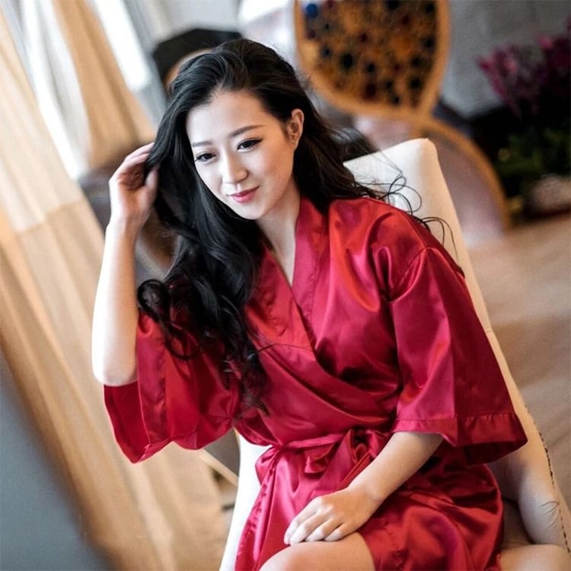 Summer Champagne Chinese Bride Wedding Robe Satin Sleepwear Sexy Nightgown Kimono Bathrobe Gown 4