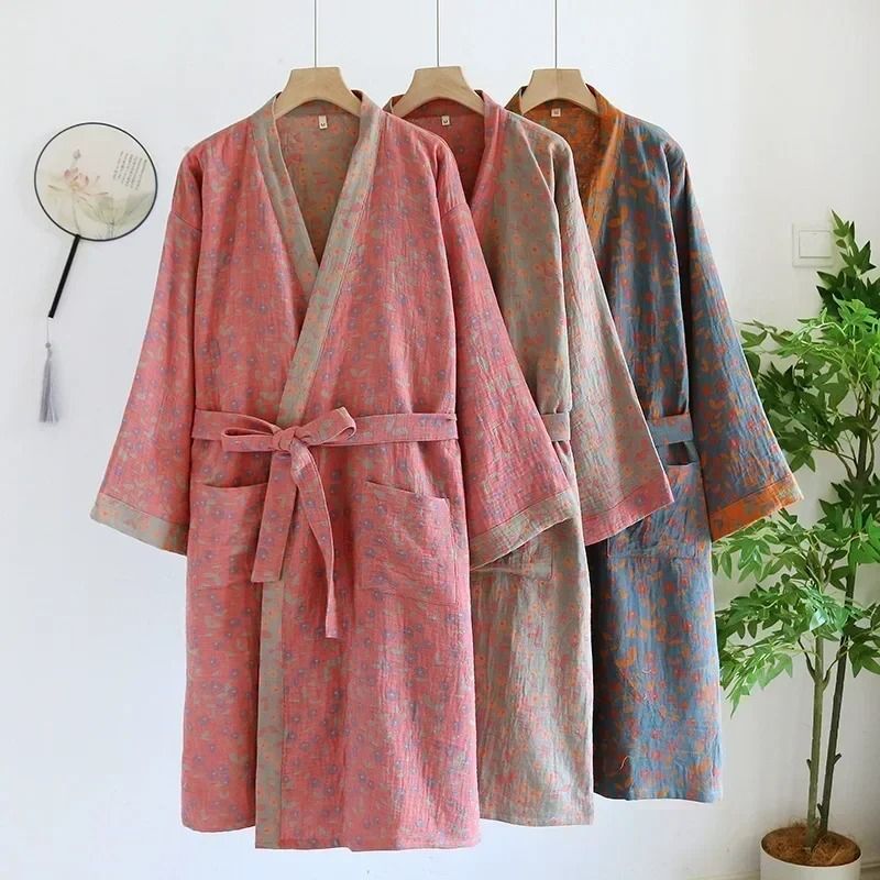 MultiColor Kimono Bathrobe Cotton Loose Home Sleepwear SpringSummer Robe With Belt 0