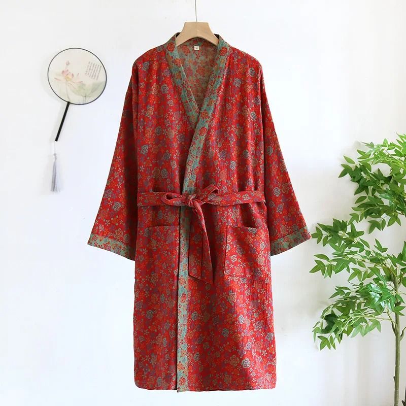 MultiColor Kimono Bathrobe Cotton Loose Home Sleepwear SpringSummer Robe With Belt 9