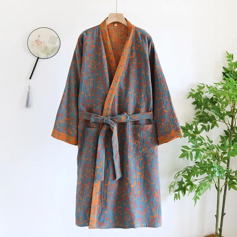 MultiColor Kimono Bathrobe Cotton Loose Home Sleepwear SpringSummer Robe With Belt 7