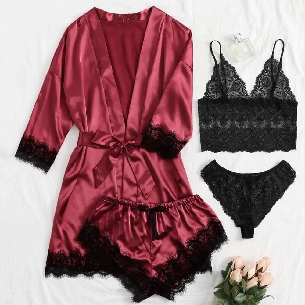 Womens Fashion Print Satin Pajama Set Sexy Lace Trim Faux Silk Gown SkinFriendly Loungewear 3