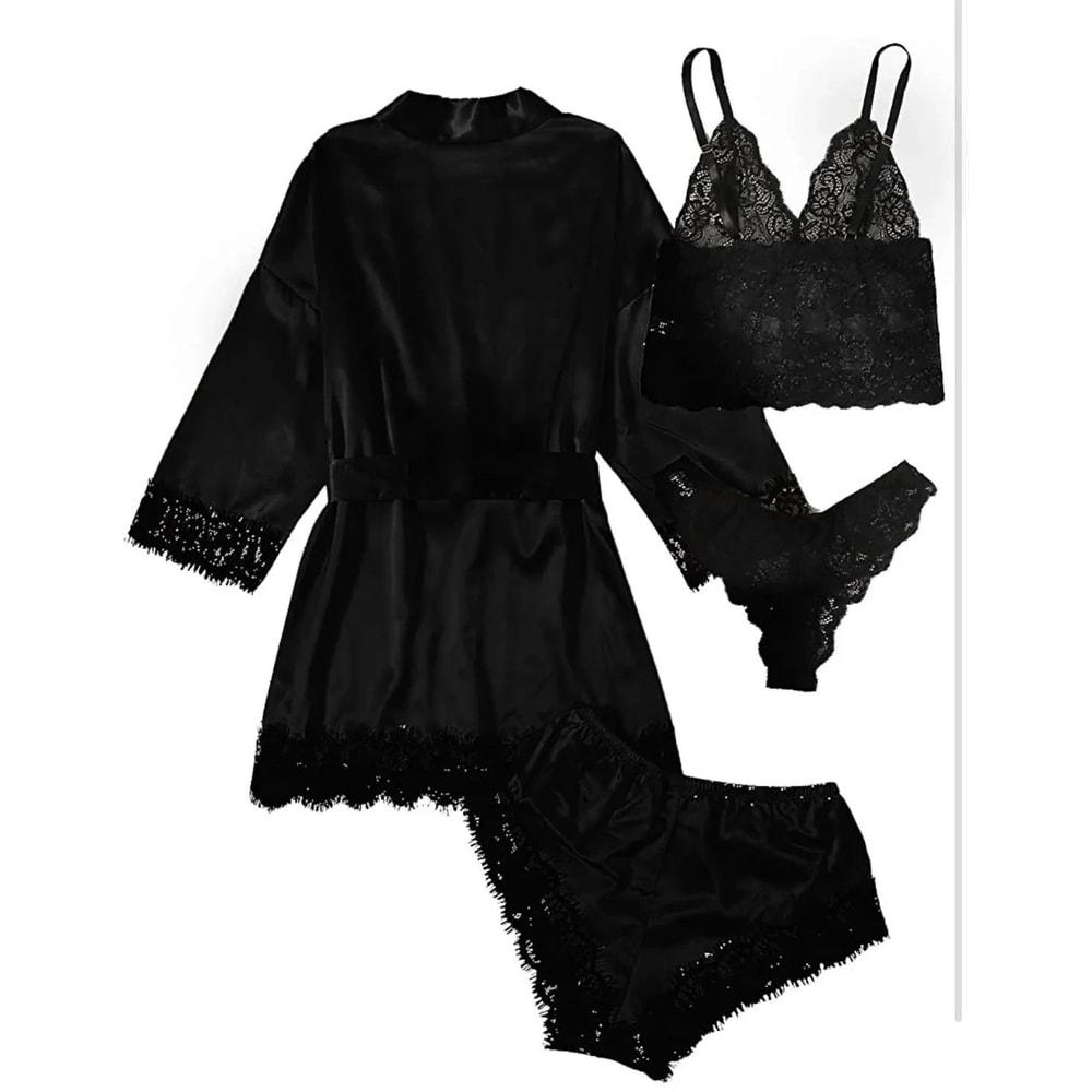 Womens Fashion Print Satin Pajama Set Sexy Lace Trim Faux Silk Gown SkinFriendly Loungewear 4