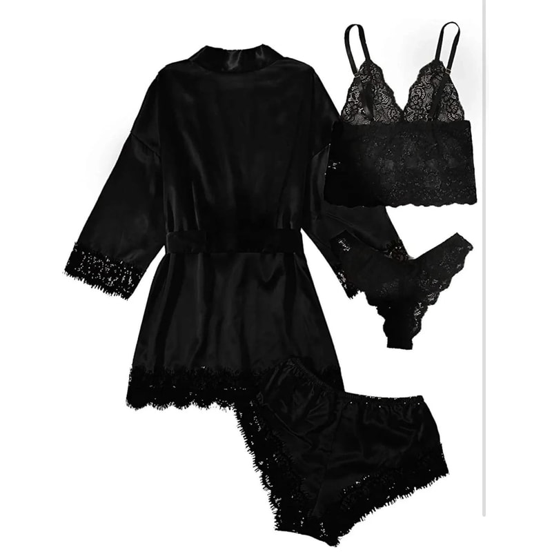 Womens Fashion Print Satin Pajama Set Sexy Lace Trim Faux Silk Gown SkinFriendly Loungewear 4