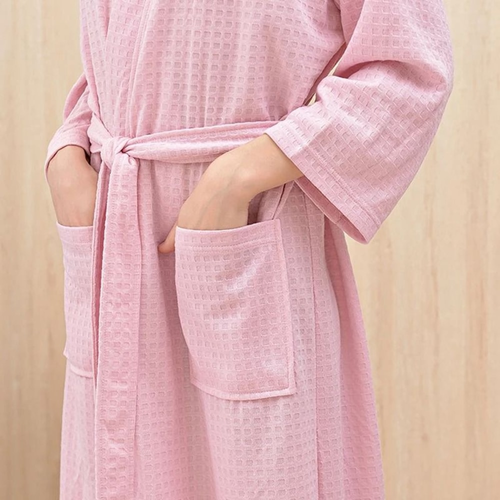 Unisex Waffle Knit Bathrobe Breathable Summer Thin Robe Plaid Dressing Gown For Men And Women 6