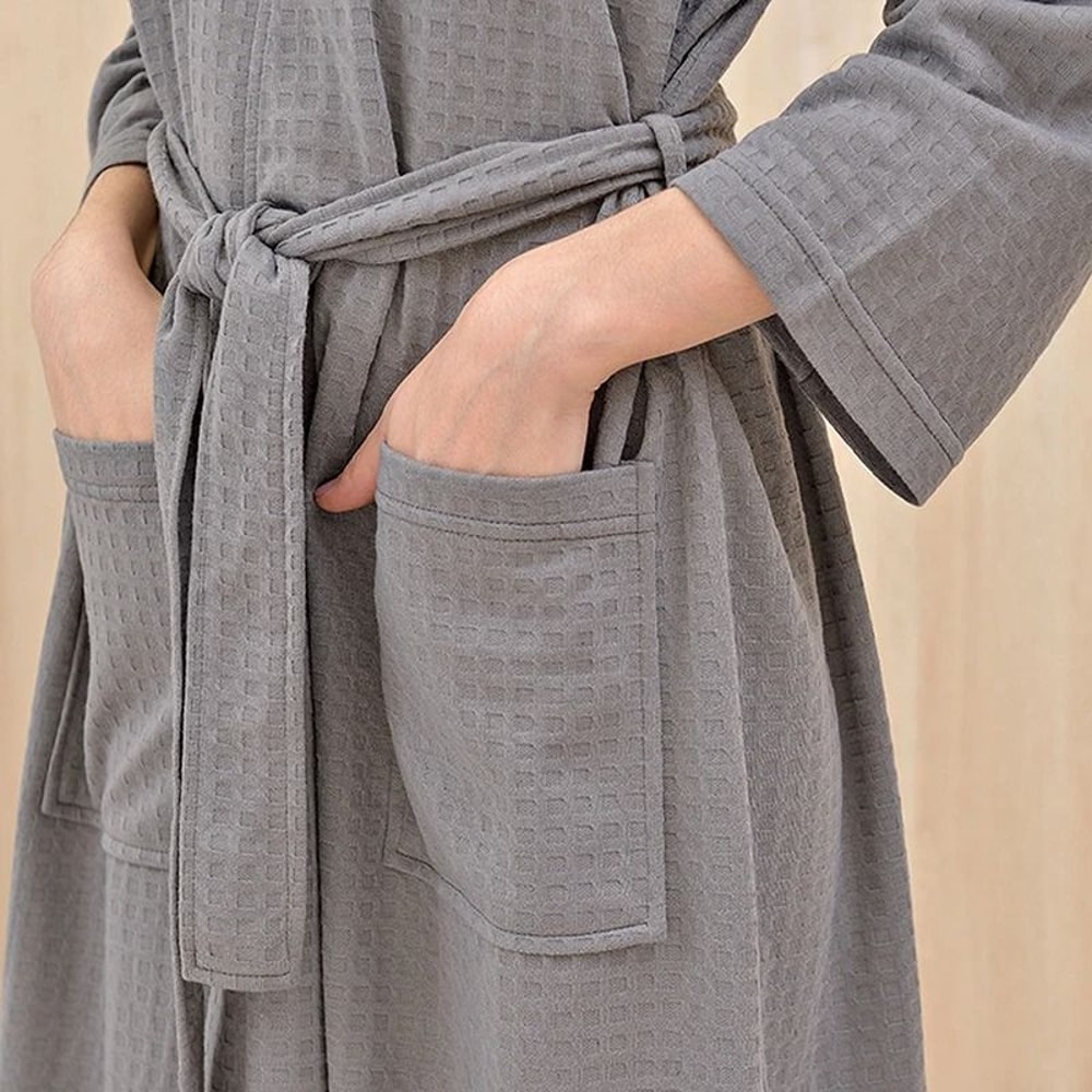 Unisex Waffle Knit Bathrobe Breathable Summer Thin Robe Plaid Dressing Gown For Men And Women 7