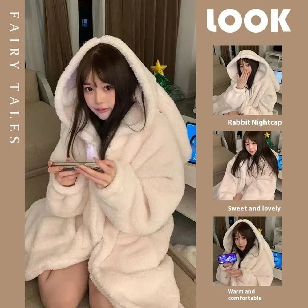 Autumn And Winter Ladies Warm Rabbit Ear Pajamas Cartoon New Robe Ins Girls Student Homewear 0