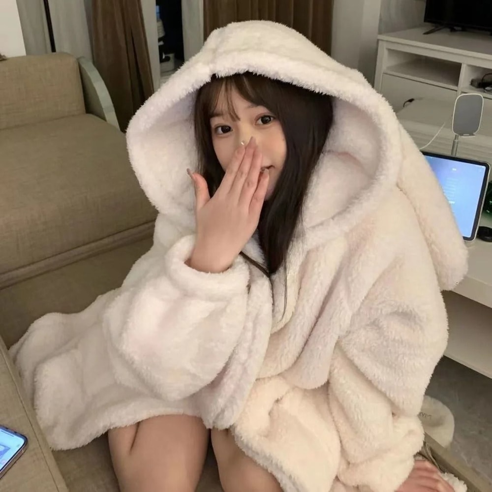 Autumn And Winter Ladies Warm Rabbit Ear Pajamas Cartoon New Robe Ins Girls Student Homewear 3