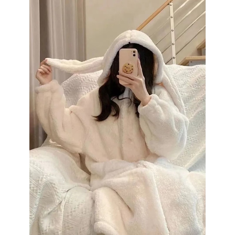 Autumn And Winter Ladies Warm Rabbit Ear Pajamas Cartoon New Robe Ins Girls Student Homewear 5