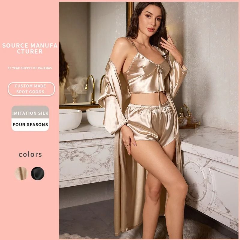 3PCS Sexy Satin Pajama Set Elegant Nightgown Sling Top And Shorts Robe For Women 1