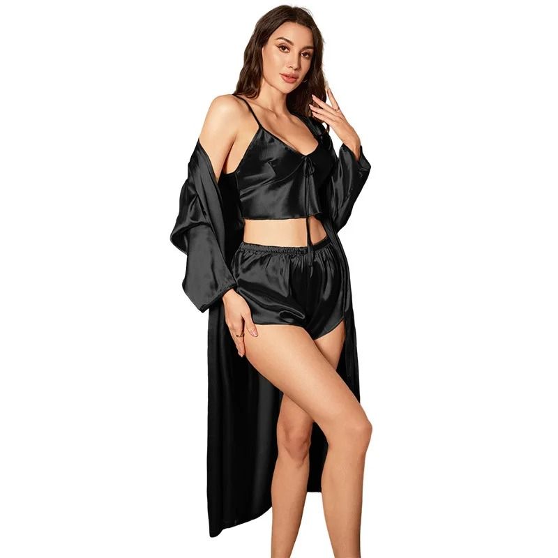 3PCS Sexy Satin Pajama Set Elegant Nightgown Sling Top And Shorts Robe For Women 5