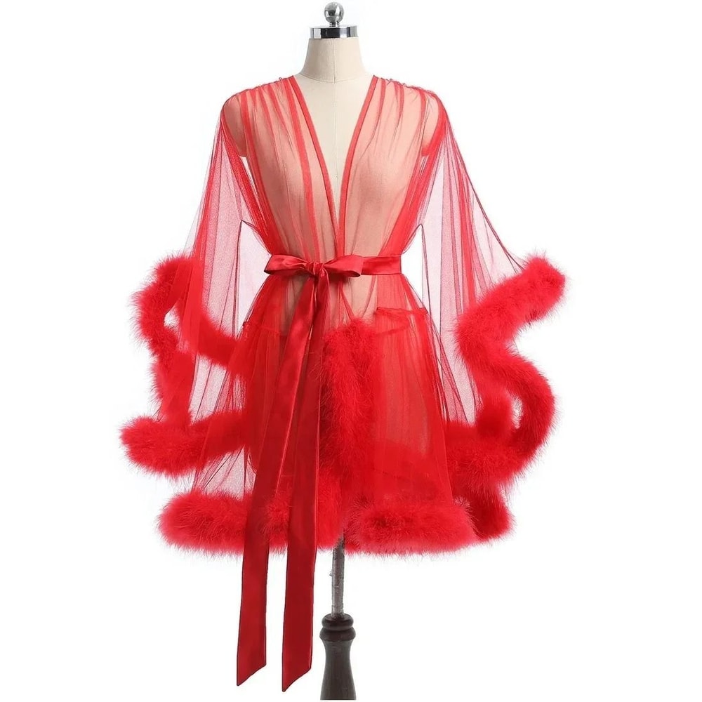 Sexy Feather Mesh Robe Large Size Seductive Perspective Bathrobe Passionate Bridal Dressing Gown 0