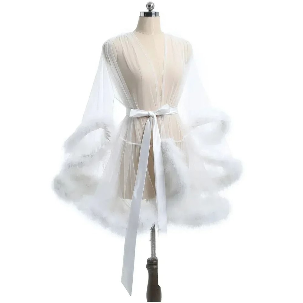 Sexy Feather Mesh Robe Large Size Seductive Perspective Bathrobe Passionate Bridal Dressing Gown 9