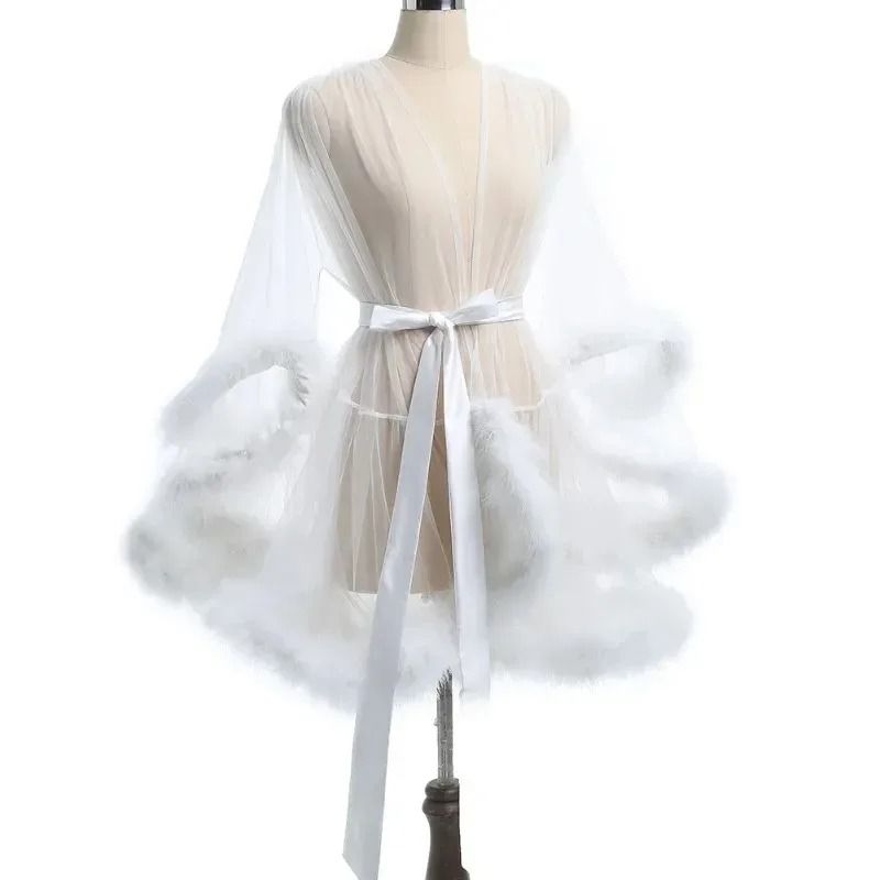 Sexy Feather Mesh Robe Large Size Seductive Perspective Bathrobe Passionate Bridal Dressing Gown 2