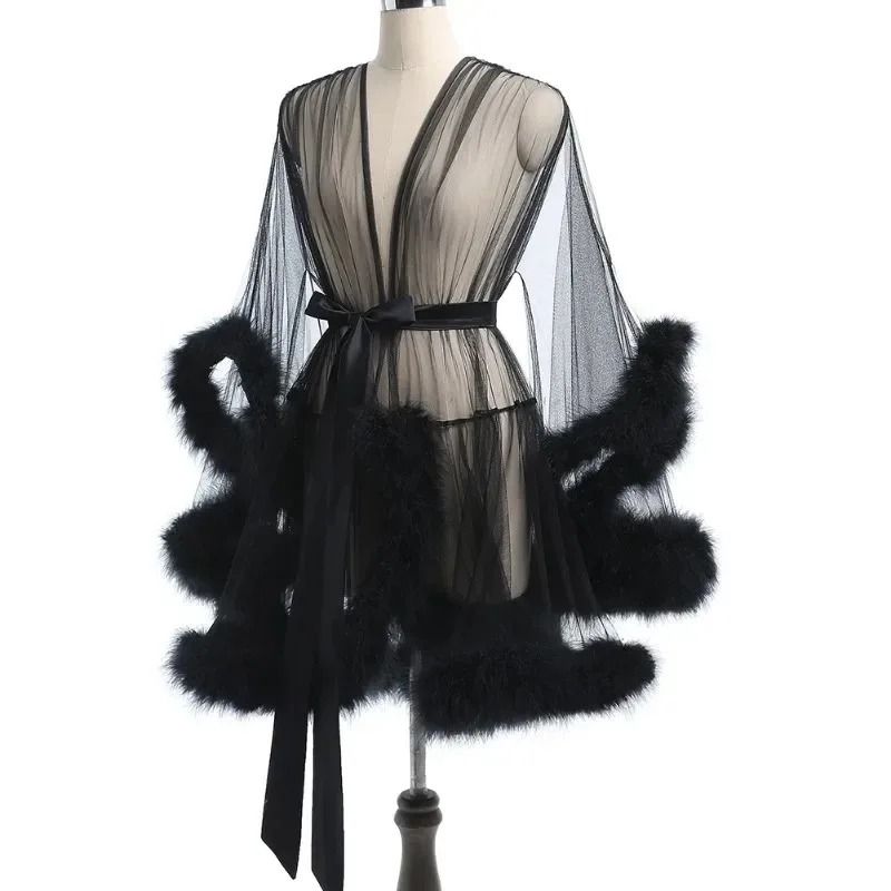 Sexy Feather Mesh Robe Large Size Seductive Perspective Bathrobe Passionate Bridal Dressing Gown 3