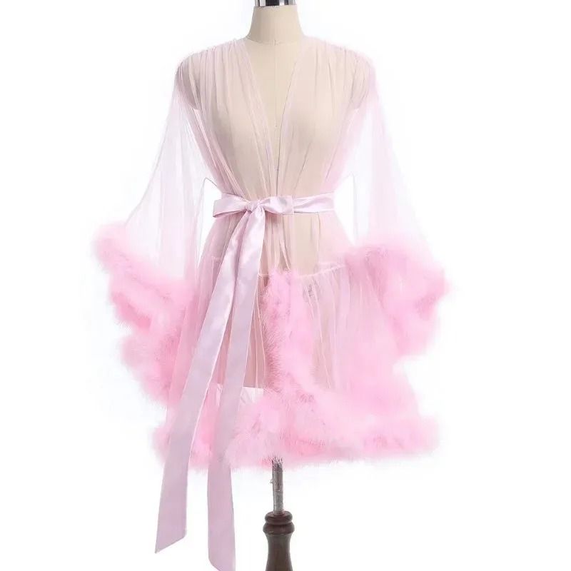 Sexy Feather Mesh Robe Large Size Seductive Perspective Bathrobe Passionate Bridal Dressing Gown 4