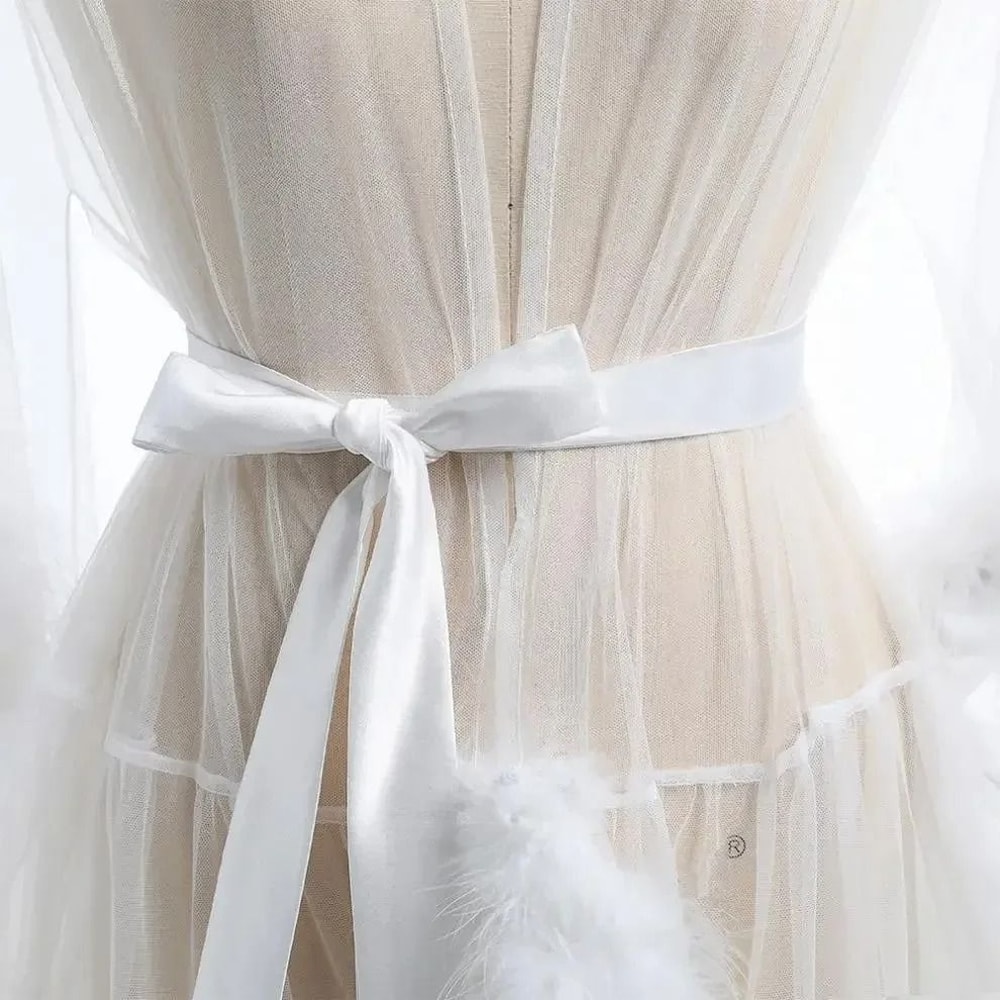 Sexy Feather Mesh Robe Large Size Seductive Perspective Bathrobe Passionate Bridal Dressing Gown 5