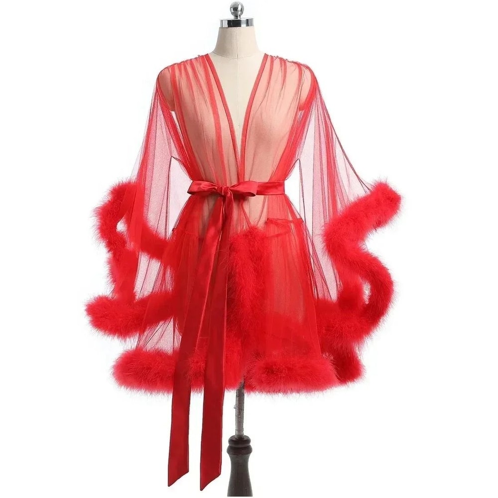 Sexy Feather Mesh Robe Large Size Seductive Perspective Bathrobe Passionate Bridal Dressing Gown 7