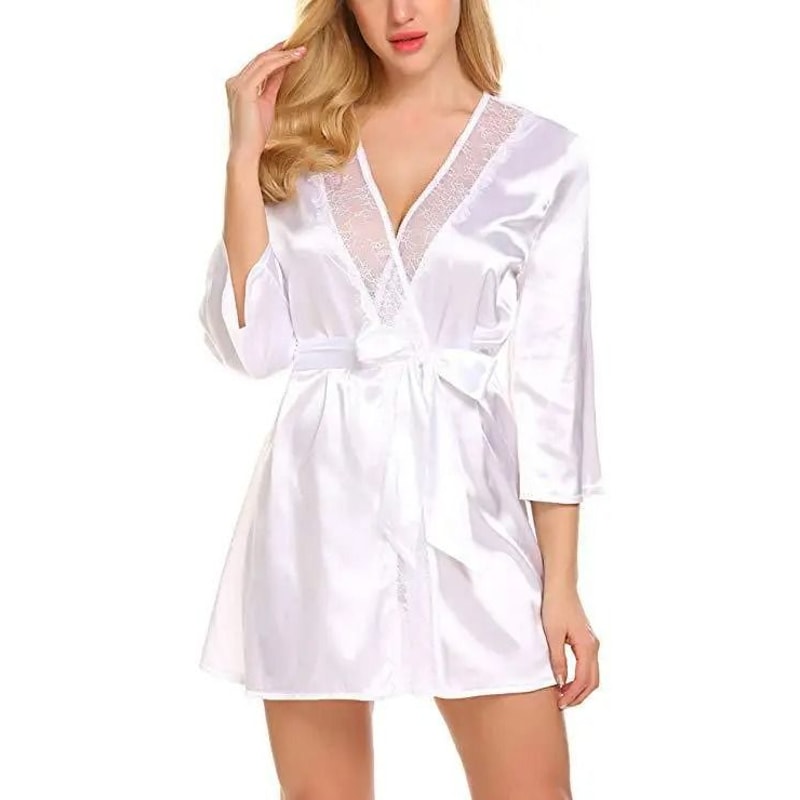 Womens Sexy Lace Satin Robe Elegant Short Nightgown Kimono Lingerie For Plus Size Comfort 9