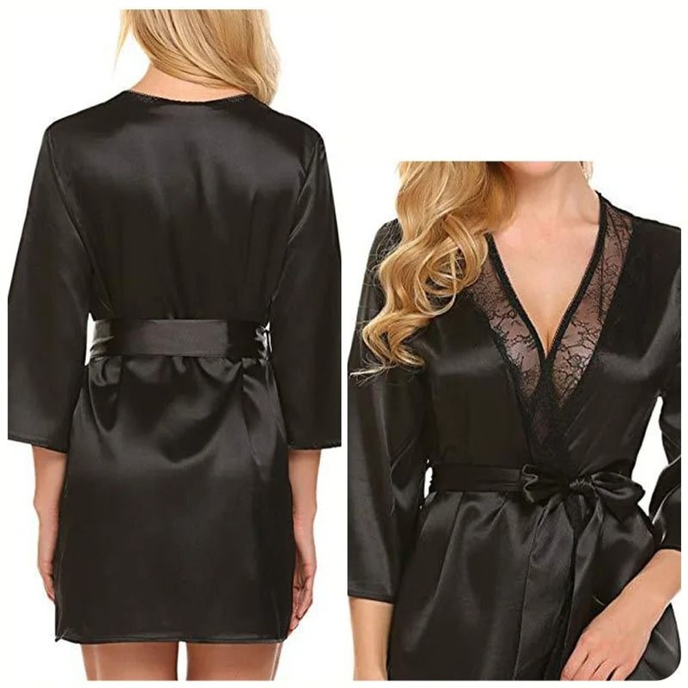 Womens Sexy Lace Satin Robe Elegant Short Nightgown Kimono Lingerie For Plus Size Comfort 4