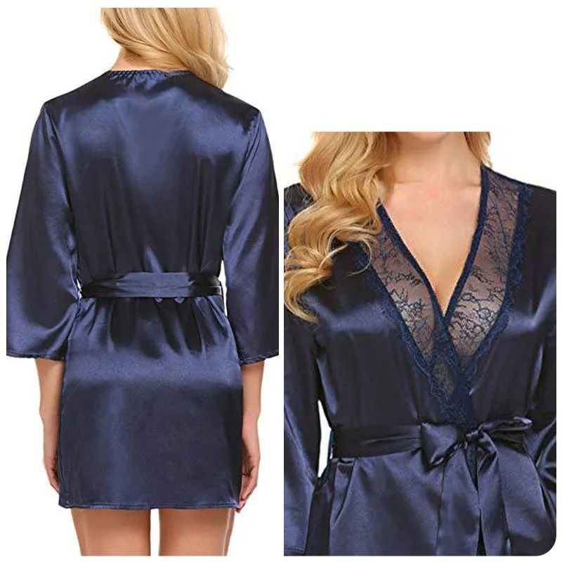 Womens Sexy Lace Satin Robe Elegant Short Nightgown Kimono Lingerie For Plus Size Comfort 5