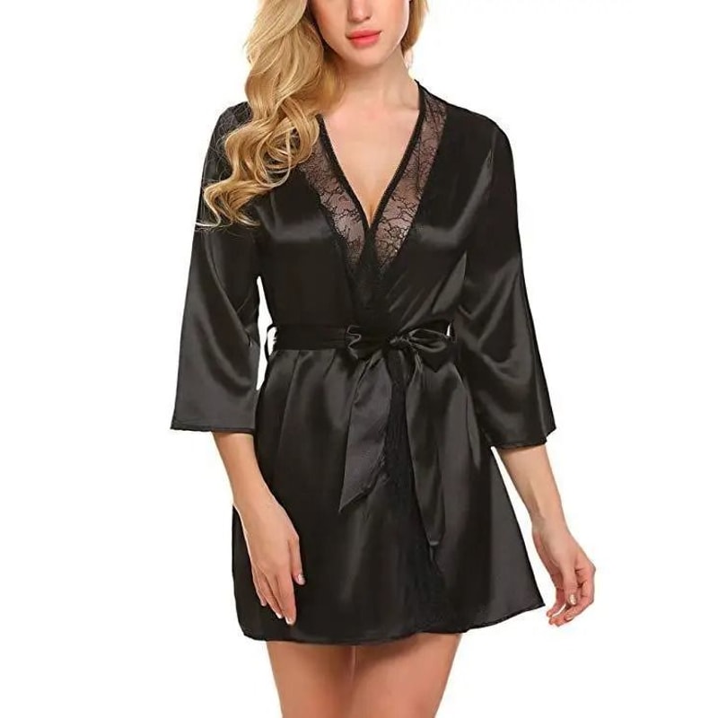 Womens Sexy Lace Satin Robe Elegant Short Nightgown Kimono Lingerie For Plus Size Comfort 6
