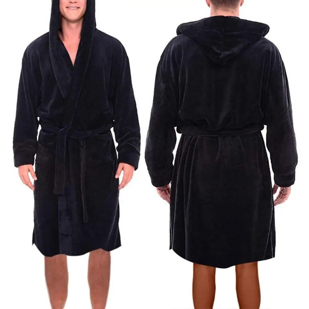 Mens Winter Warm Hooded Fleece Bathrobe Long Sleeve Thermal Home Gown Solid Color Sleepwear 0