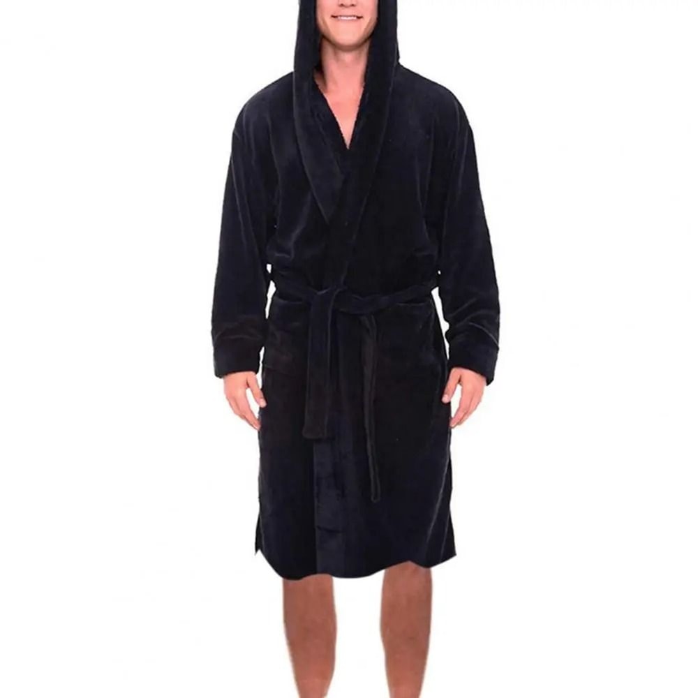 Mens Winter Warm Hooded Fleece Bathrobe Long Sleeve Thermal Home Gown Solid Color Sleepwear 1