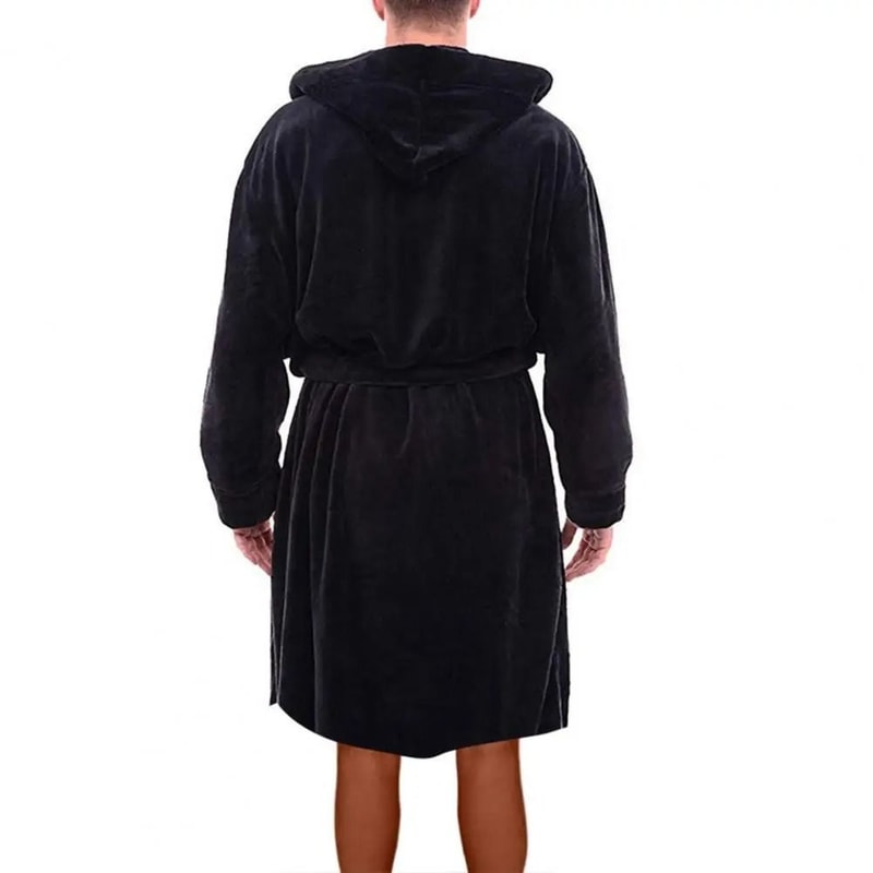 Mens Winter Warm Hooded Fleece Bathrobe Long Sleeve Thermal Home Gown Solid Color Sleepwear 2