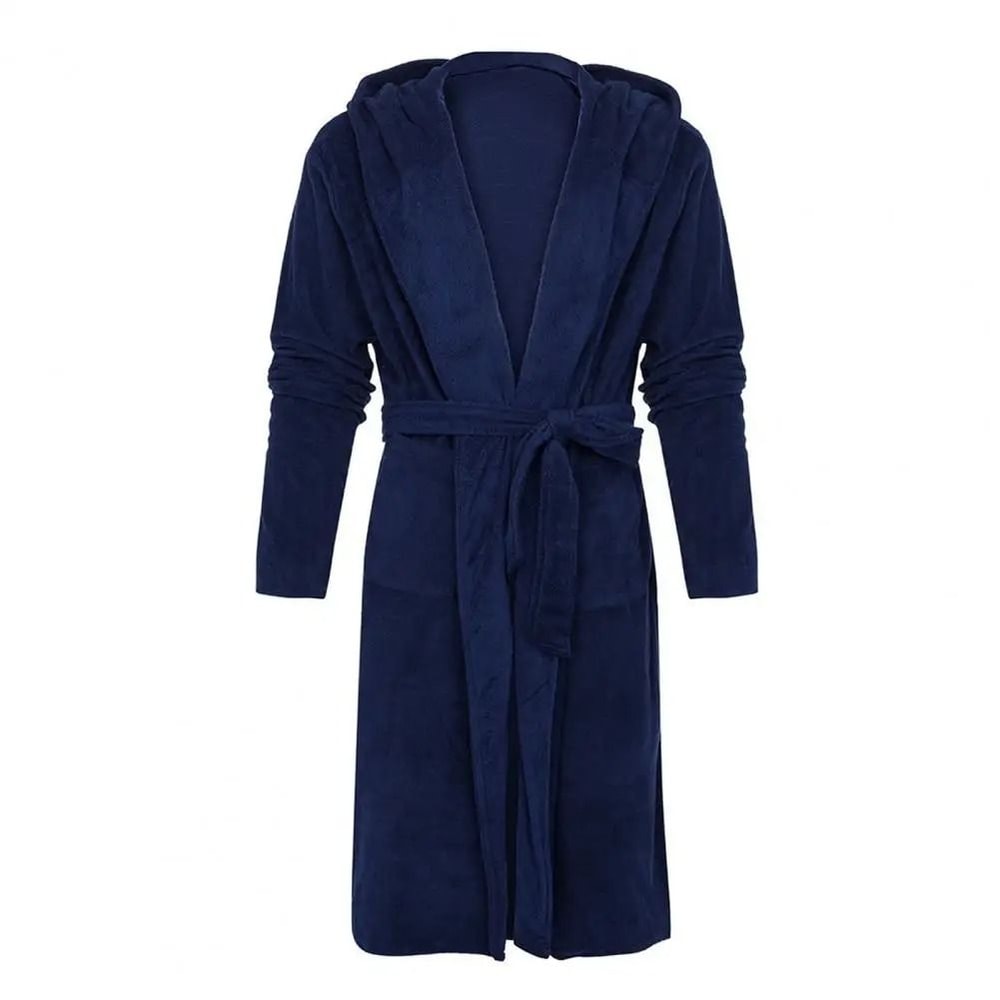 Mens Winter Warm Hooded Fleece Bathrobe Long Sleeve Thermal Home Gown Solid Color Sleepwear 6