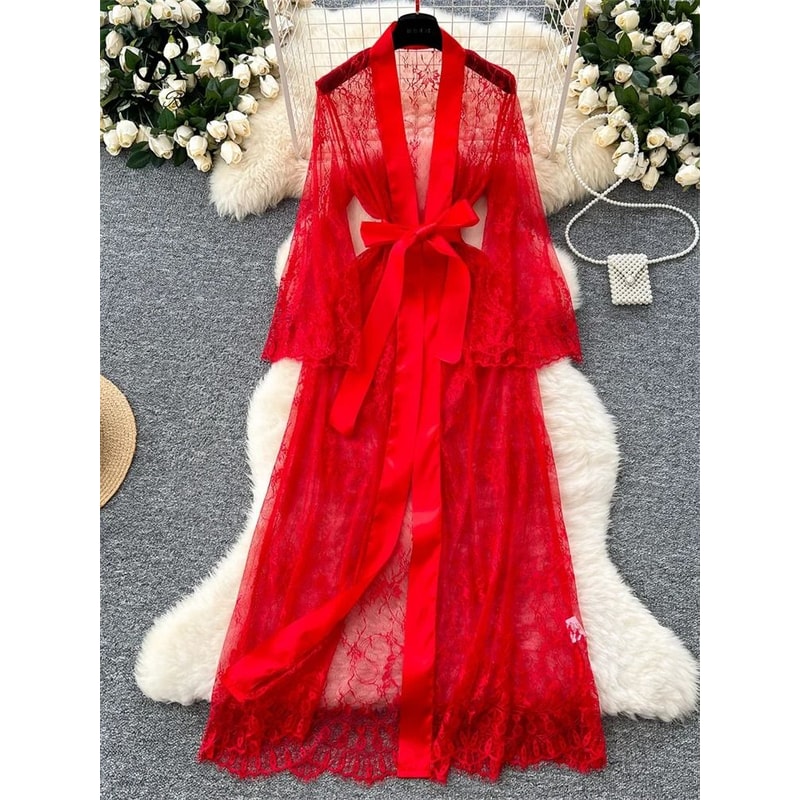 SINGREINY Elegant Sheer Cardigan Long Robe Transparent Sensual Lace Fashion Solid Long Sleeve Rob 0