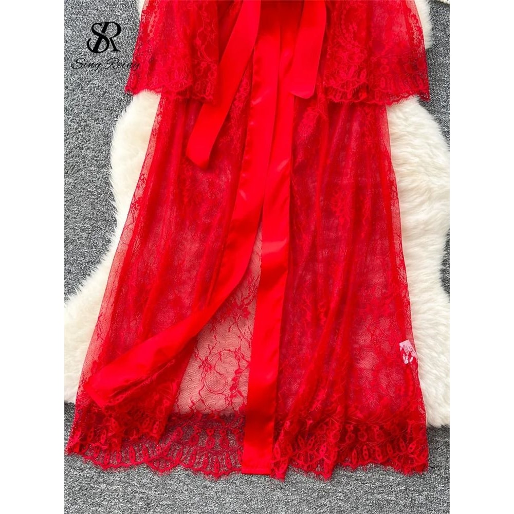 SINGREINY Elegant Sheer Cardigan Long Robe Transparent Sensual Lace Fashion Solid Long Sleeve Rob 5
