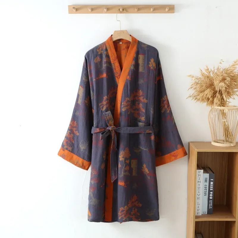 Mens Premium Cotton Kimono Robe Breathable Jacquard Printed SpringSummer Pajamas With Belt 7