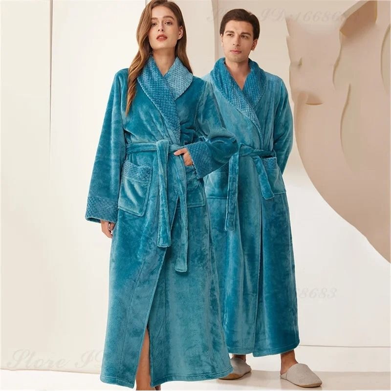 Autumn Winter Thicken Coral Fleece Robe Warm Flannel Couples Long Gown Premium Lounge Wear 0