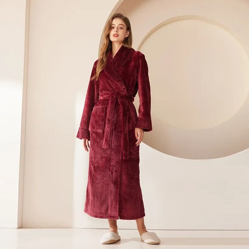 Autumn Winter Thicken Coral Fleece Robe Warm Flannel Couples Long Gown Premium Lounge Wear 13