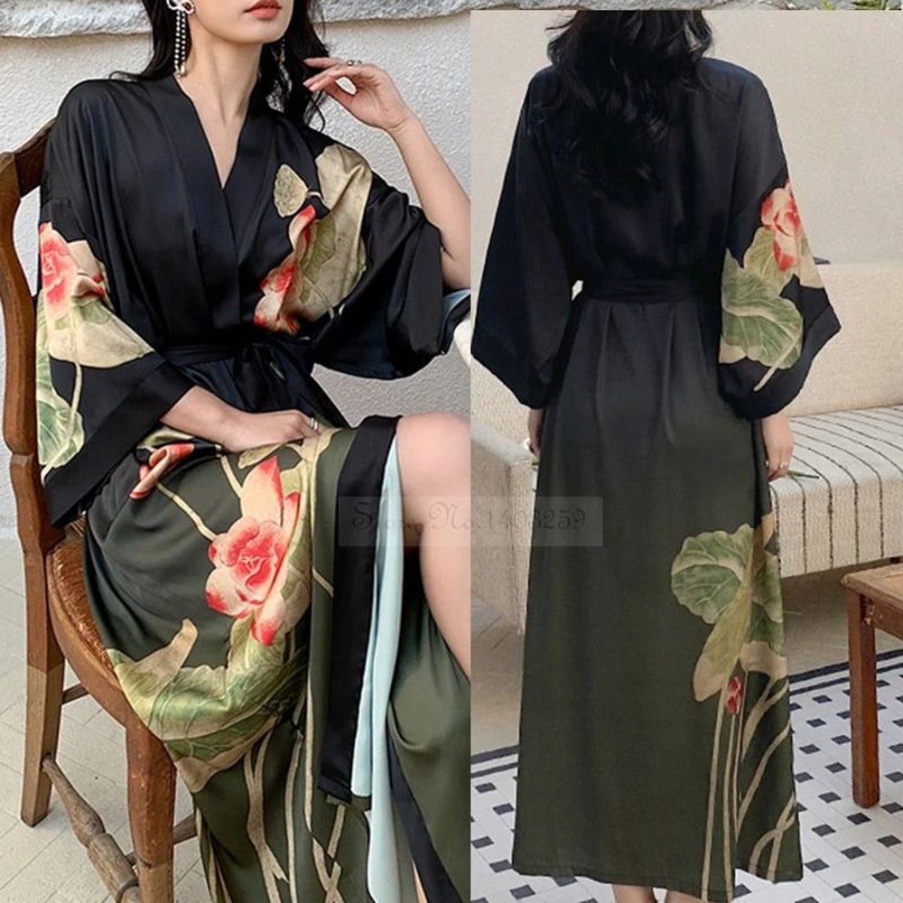 New Spring Summer Female Long Robe Set Sexy Flower Print Kimono Silk Satin Casual Lounge Wear 0