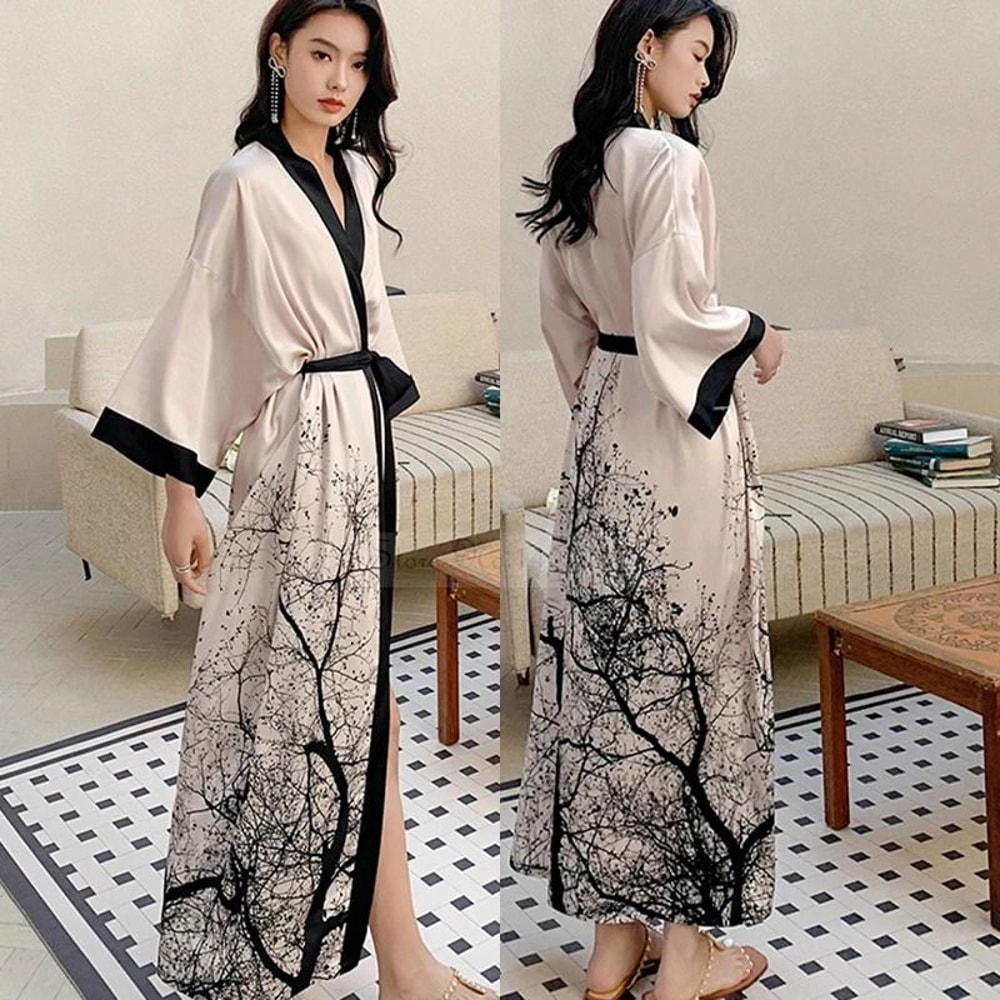 New Spring Summer Female Long Robe Set Sexy Flower Print Kimono Silk Satin Casual Lounge Wear 9