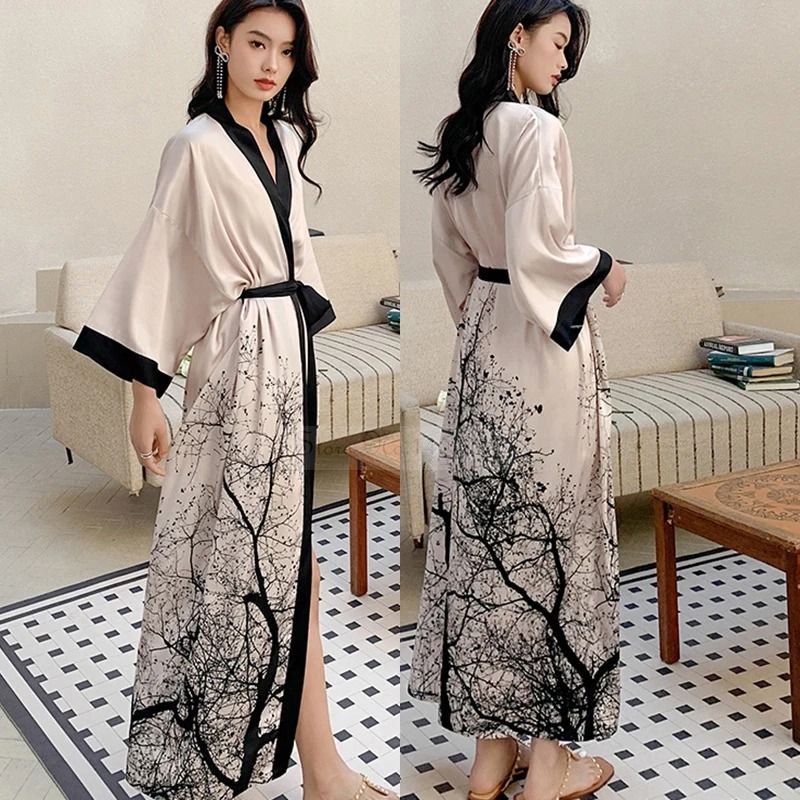 New Spring Summer Female Long Robe Set Sexy Flower Print Kimono Silk Satin Casual Lounge Wear 9