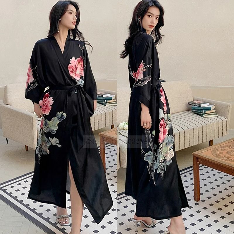 New Spring Summer Female Long Robe Set Sexy Flower Print Kimono Silk Satin Casual Lounge Wear 10