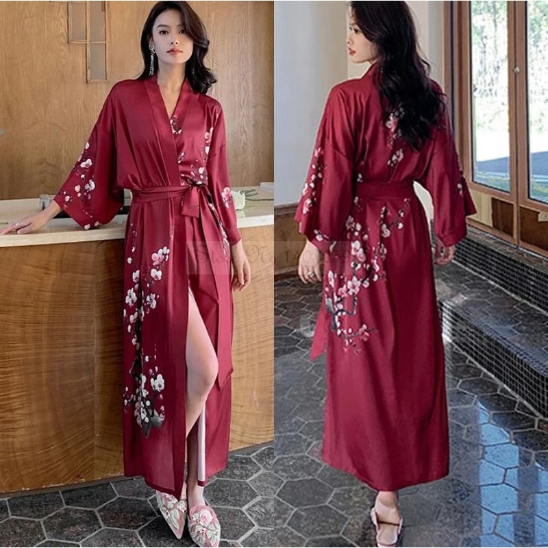 New Spring Summer Female Long Robe Set Sexy Flower Print Kimono Silk Satin Casual Lounge Wear 14