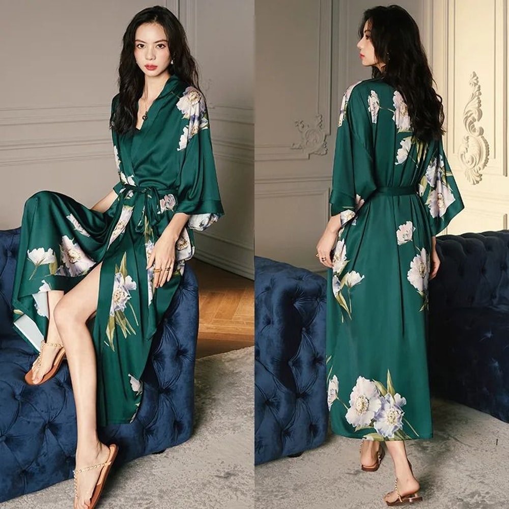 New Spring Summer Female Long Robe Set Sexy Flower Print Kimono Silk Satin Casual Lounge Wear 17