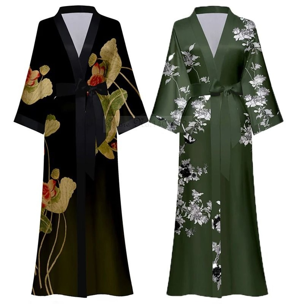 New Spring Summer Female Long Robe Set Sexy Flower Print Kimono Silk Satin Casual Lounge Wear 1