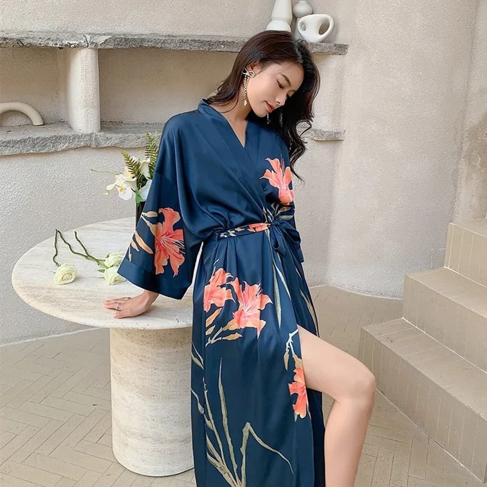 New Spring Summer Female Long Robe Set Sexy Flower Print Kimono Silk Satin Casual Lounge Wear 3