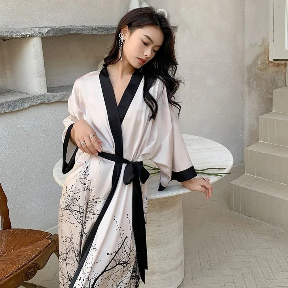 New Spring Summer Female Long Robe Set Sexy Flower Print Kimono Silk Satin Casual Lounge Wear 5