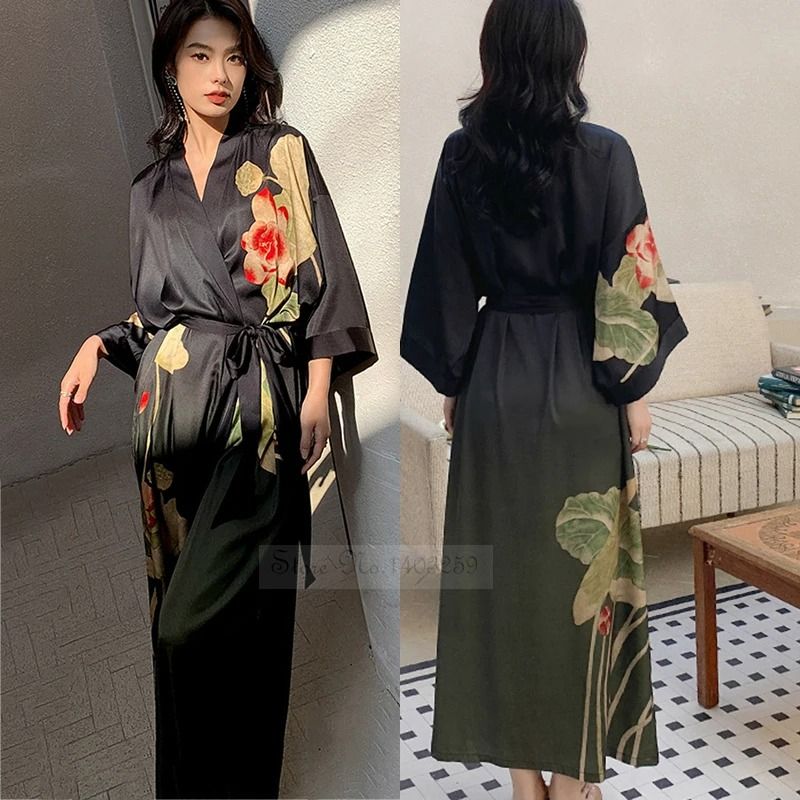 New Spring Summer Female Long Robe Set Sexy Flower Print Kimono Silk Satin Casual Lounge Wear 7