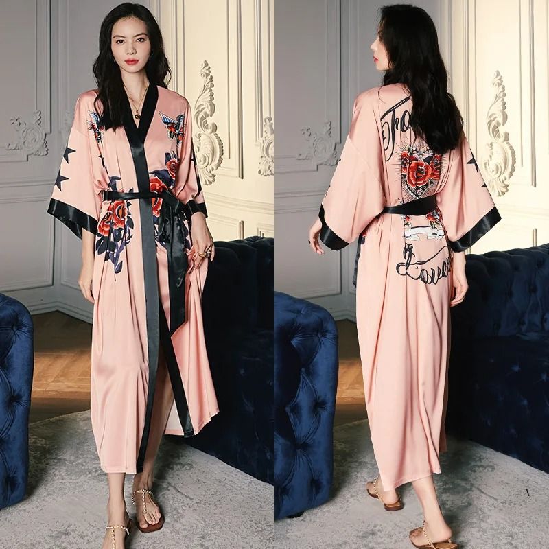 New Spring Summer Female Long Robe Set Sexy Flower Print Kimono Silk Satin Casual Lounge Wear 19