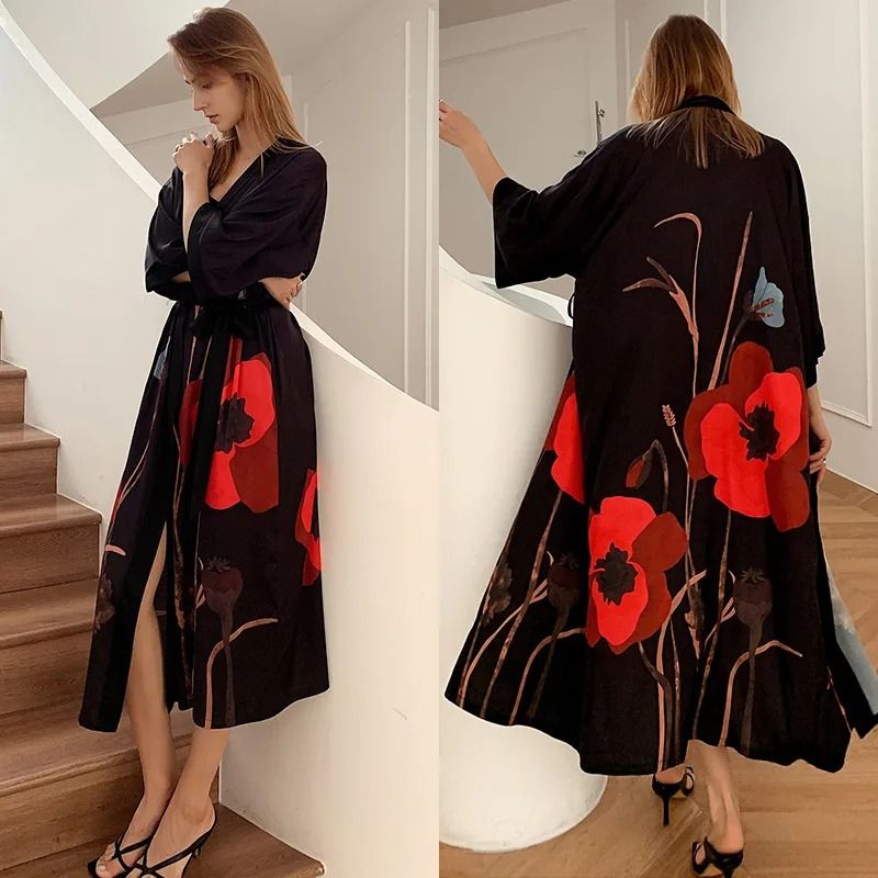 New Spring Summer Female Long Robe Set Sexy Flower Print Kimono Silk Satin Casual Lounge Wear 23