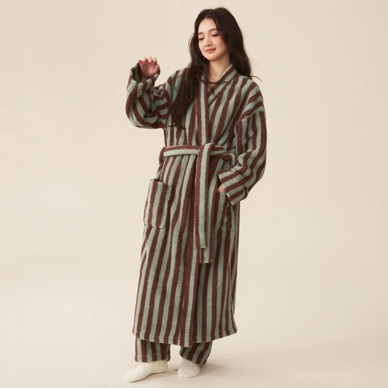 Thickened Flannel Robe Pants Pajamas Set Striped Coral Velvet Couples Bathrobe Winter Homewear 0