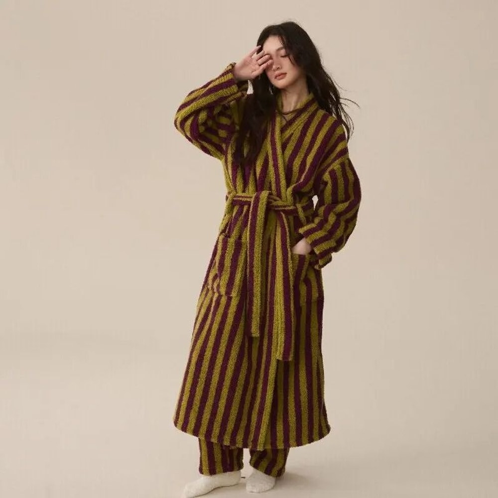 Thickened Flannel Robe Pants Pajamas Set Striped Coral Velvet Couples Bathrobe Winter Homewear 3