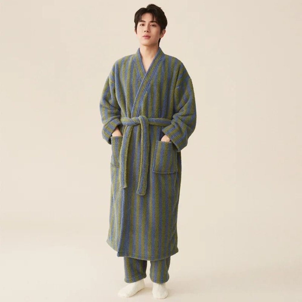 Thickened Flannel Robe Pants Pajamas Set Striped Coral Velvet Couples Bathrobe Winter Homewear 4