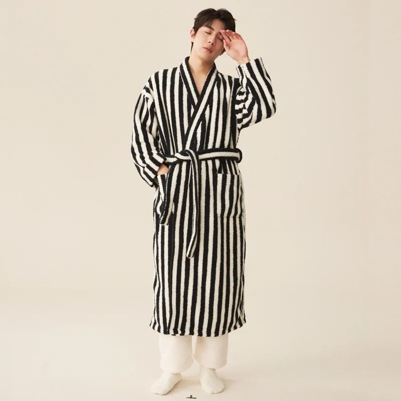 Thickened Flannel Robe Pants Pajamas Set Striped Coral Velvet Couples Bathrobe Winter Homewear 5